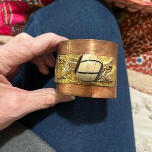 Artisan made Copper & Brass Cuff Bracelet w/Large Stone Bead Wrapped Gold Wire